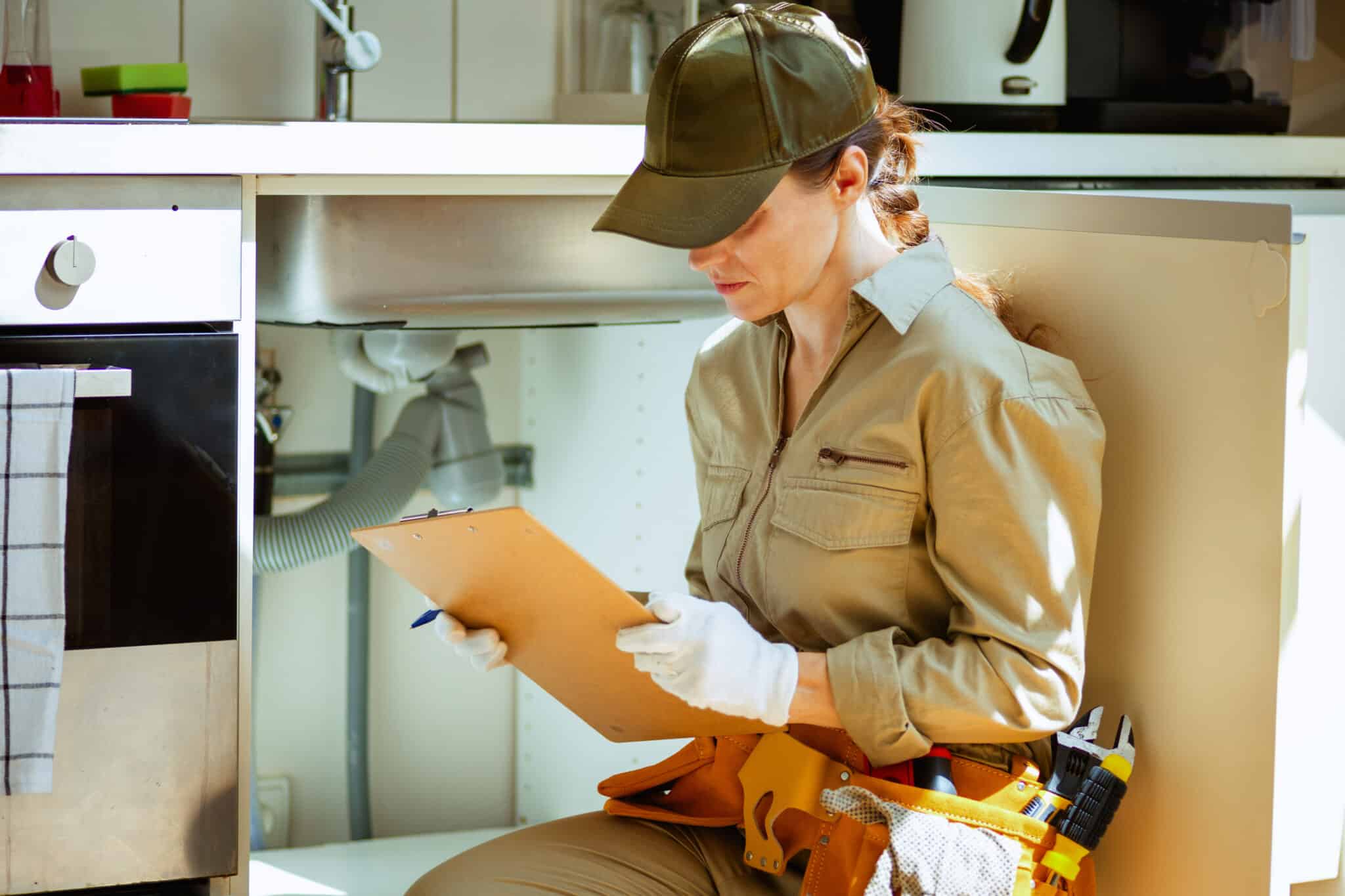 A focused plumber inspects plumbing under a kitchen sink, ensuring everything is working correctly, Seamless Pipe Replacement.